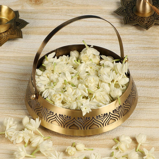 Alpana Brass Flower Basket with handle (Gold & Antique finish) - WoodenTwist