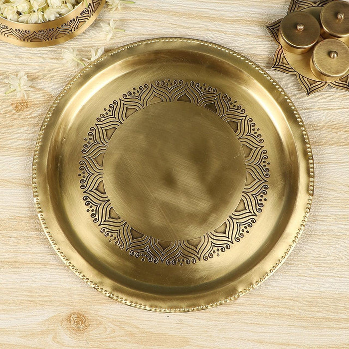 Brass Pooja Thaali with hand etched alpana design in traditional Antique finish - WoodenTwist