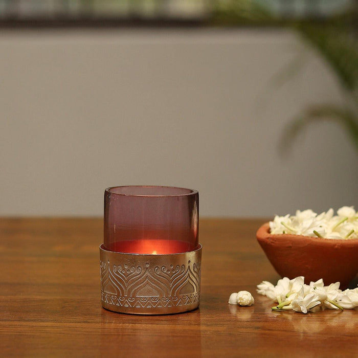 Silver plated metal Votive with hand etched design and complimented with purple glass - WoodenTwist