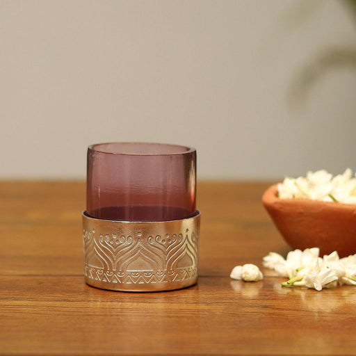 Brass plated metal Votive with hand etched design and complimented with purple glass - WoodenTwist