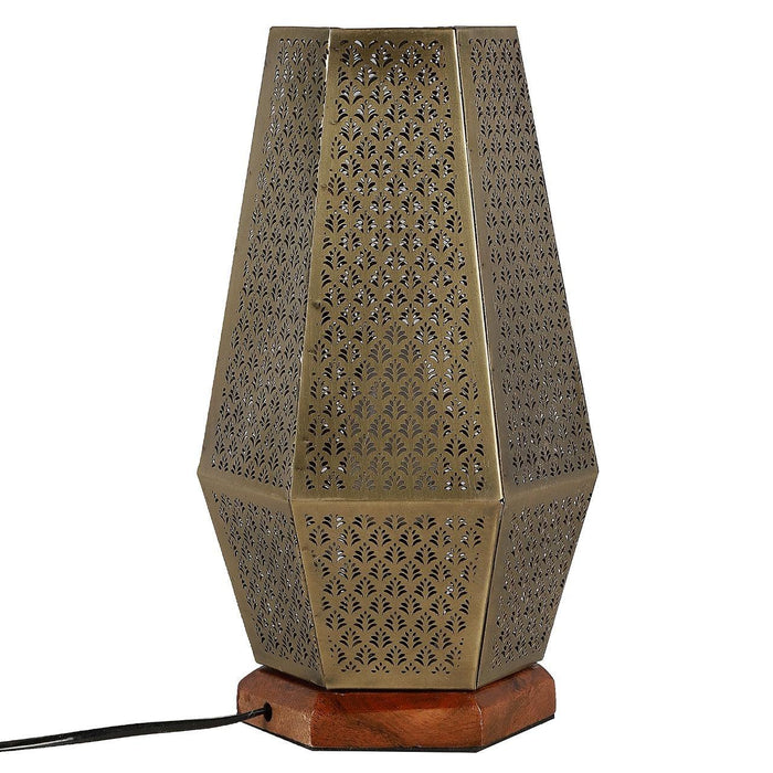 Metal Ambient Table lamp With Wooden Base and Hand Etched Design in Antique finish - WoodenTwist