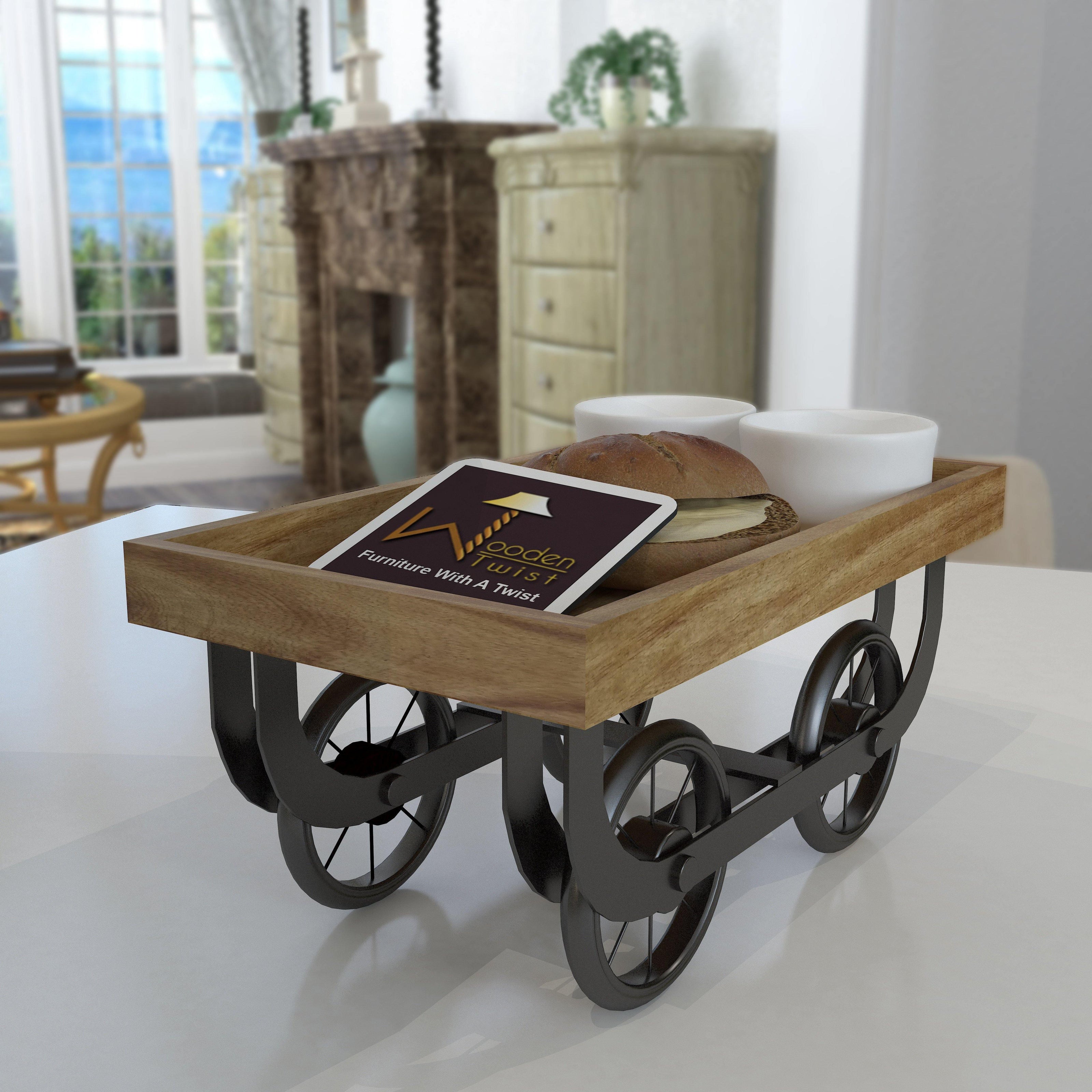 MDF Wood Rustic Beverage Serving Cart Trolley - front view