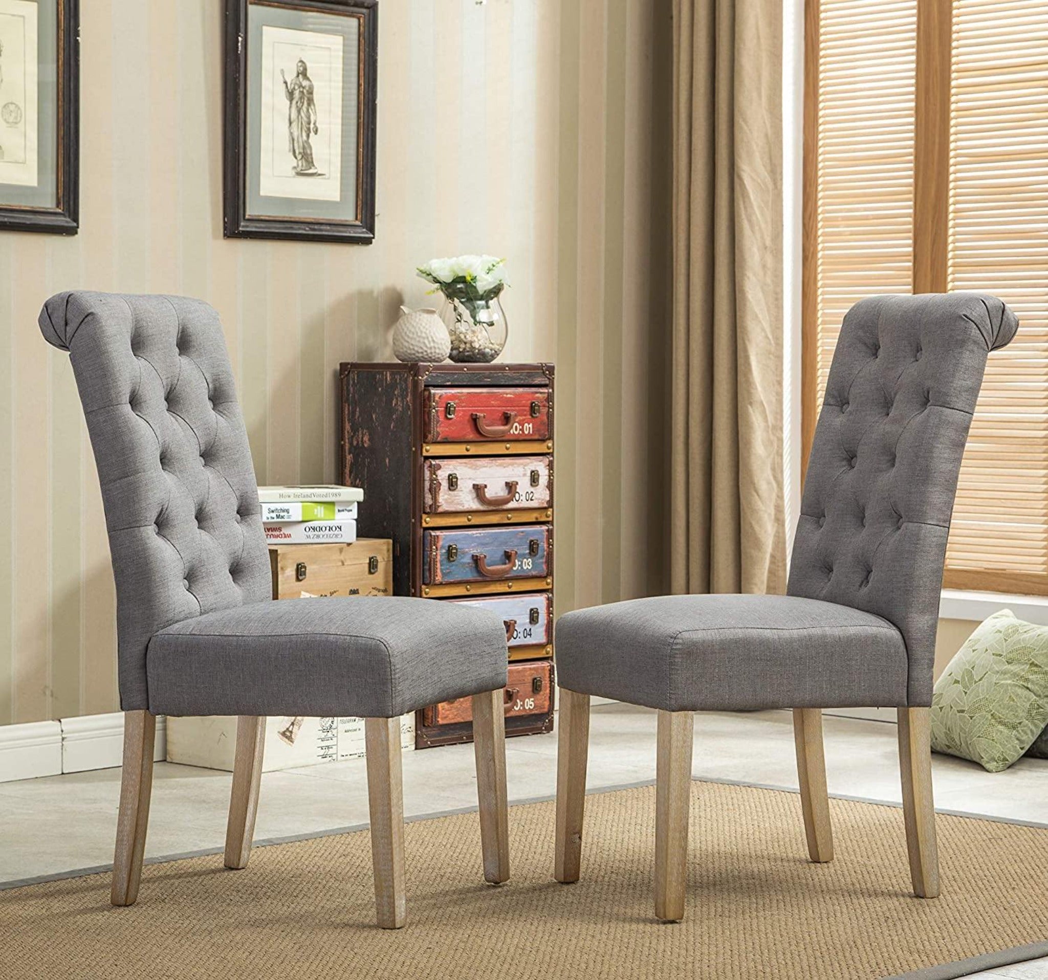 Button Tufted Parsons Chairs in Teak Wood (Set of 2) - WoodenTwist