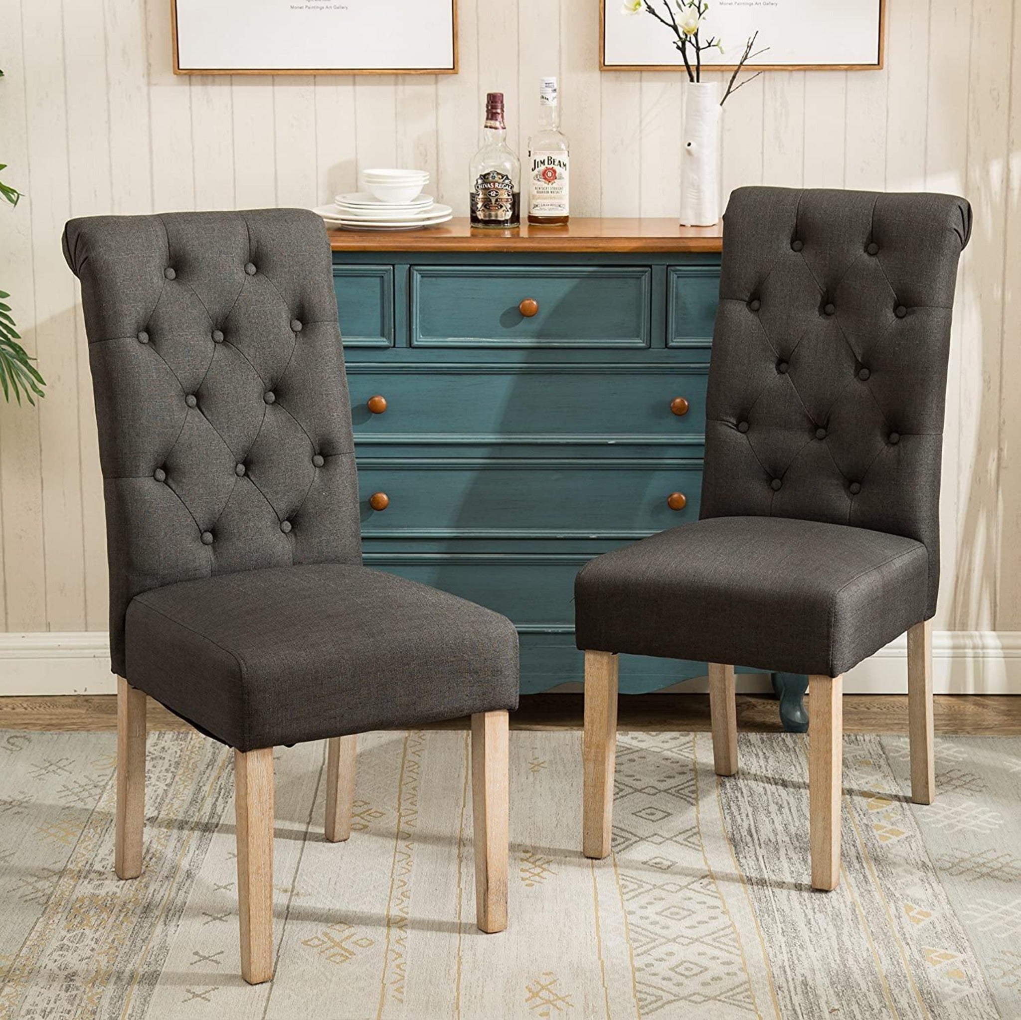 Button Tufted Parsons Chairs in Teak Wood (Set of 2) - WoodenTwist