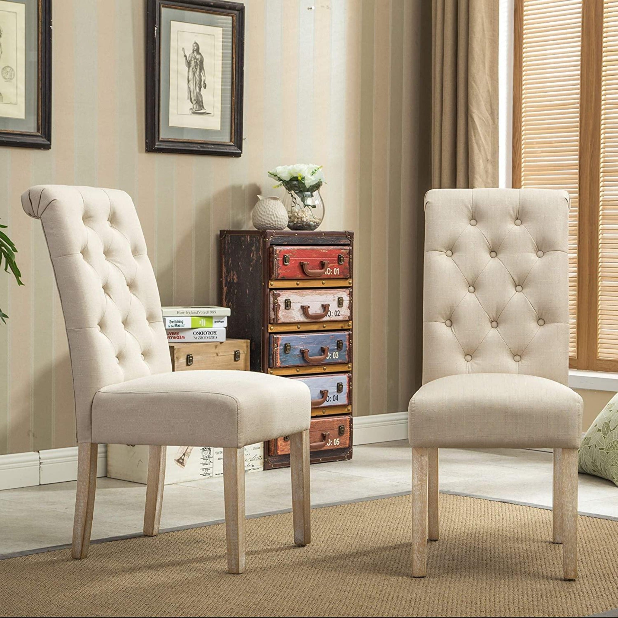 Button Tufted Parsons Chairs in Teak Wood (Set of 2) - WoodenTwist