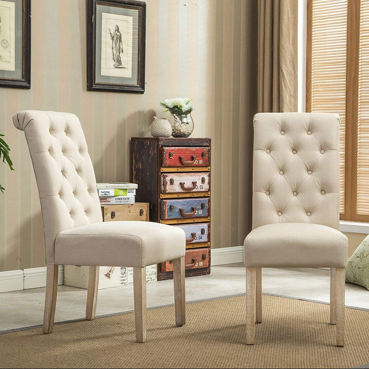 Button Tufted Parsons Chairs in Teak Wood (Set of 2) - WoodenTwist