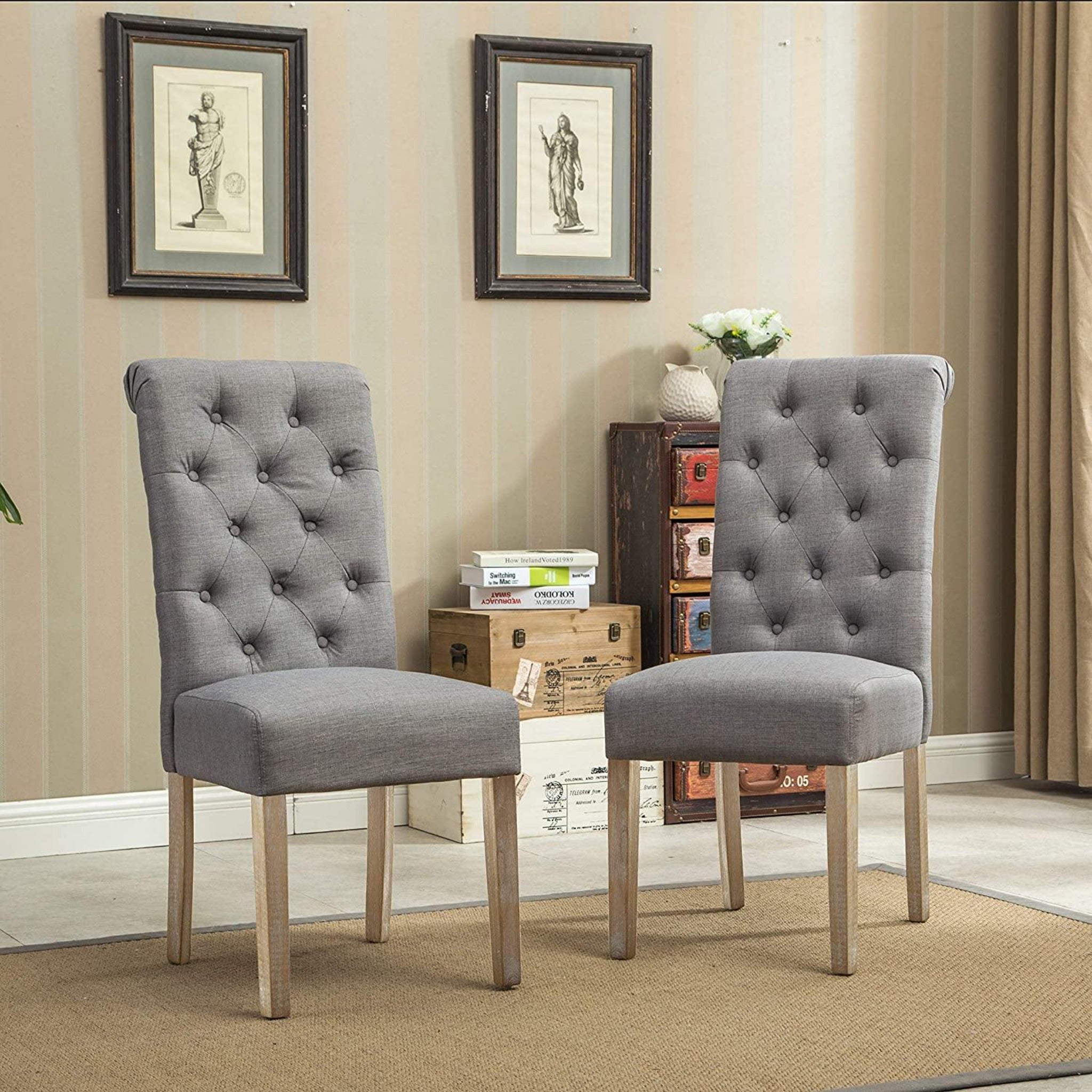 Button Tufted Parsons Chairs in Teak Wood (Set of 2) - WoodenTwist