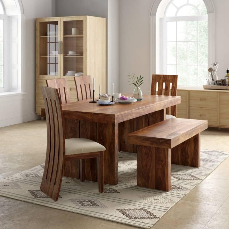 Elegant Teak Wood 6 Seater Dining Set with Bench (Finish Color - Honey) - WoodenTwist