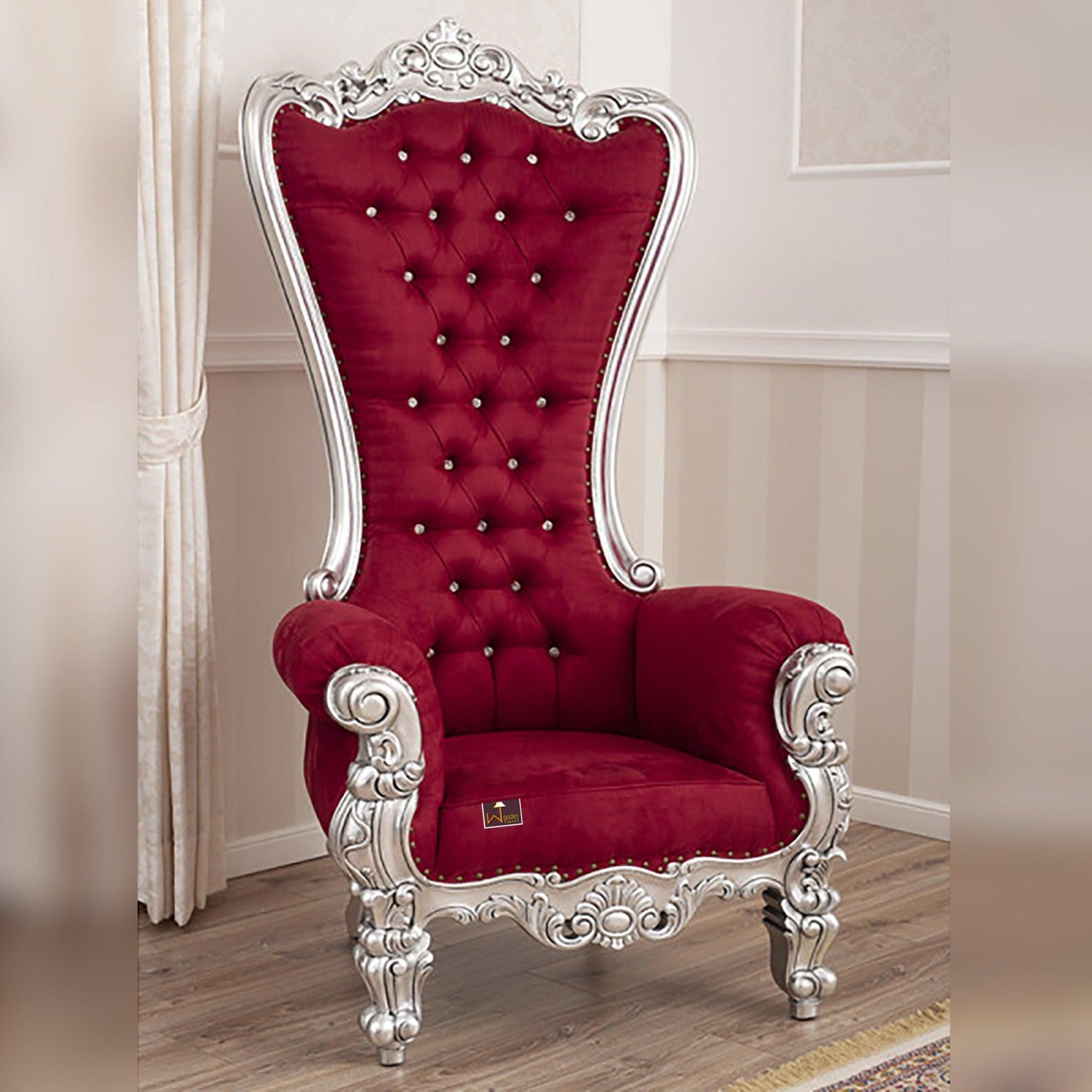 Luxurious High Back throne Silver leaf velvet Chair (Burgundy) - WoodenTwist