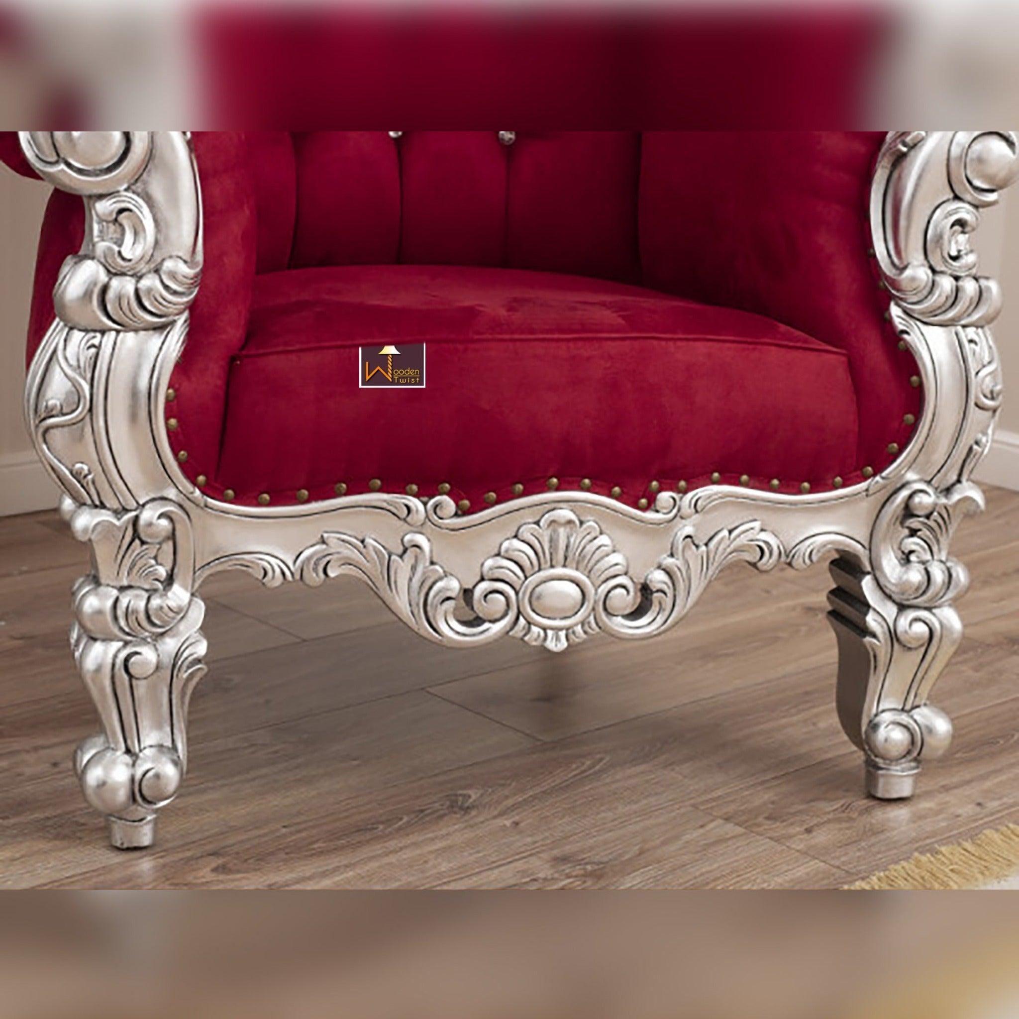 Luxurious High Back throne Silver leaf velvet Chair (Burgundy) - WoodenTwist