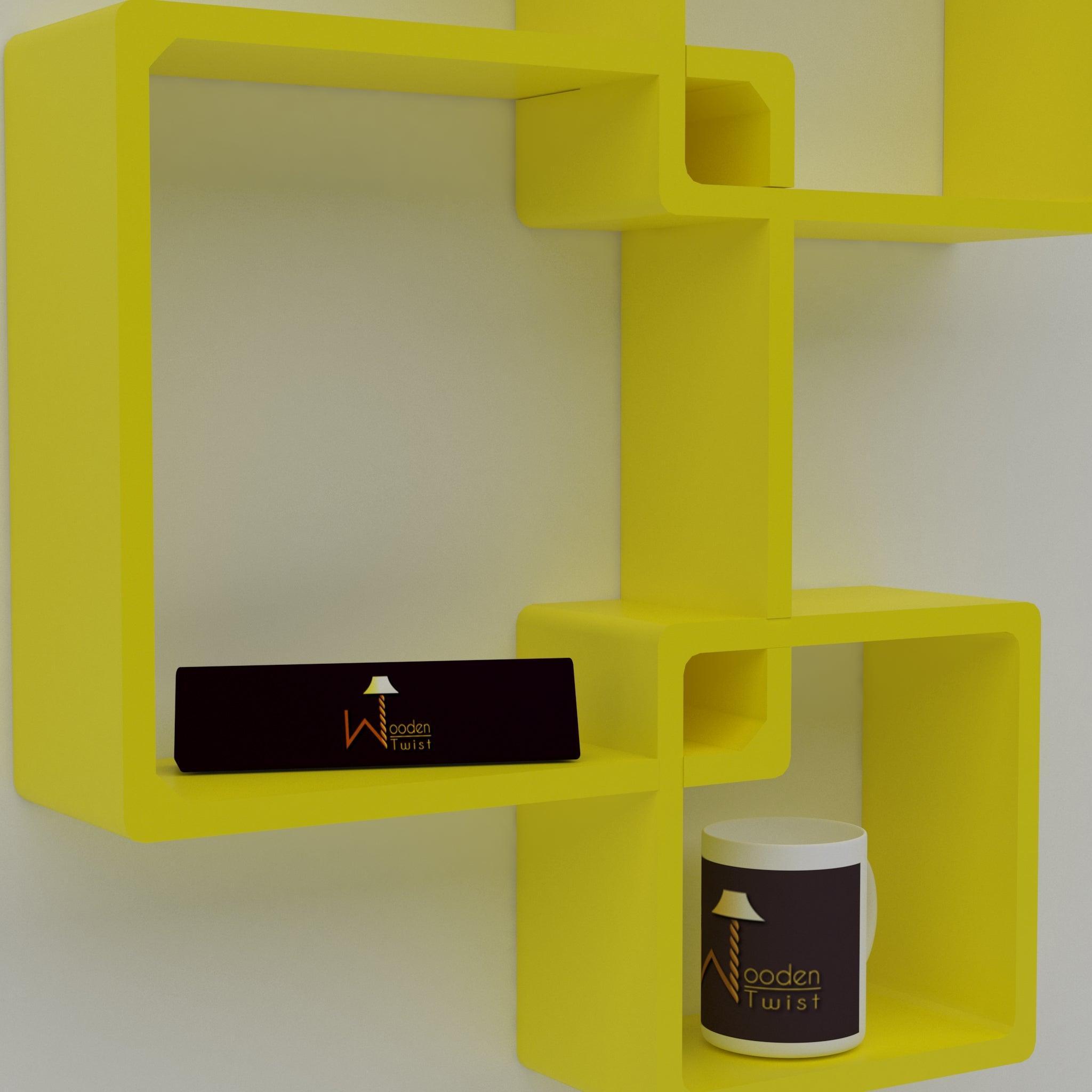Rafuf Intersecting Floating Wall Shelves in Yellow, front view