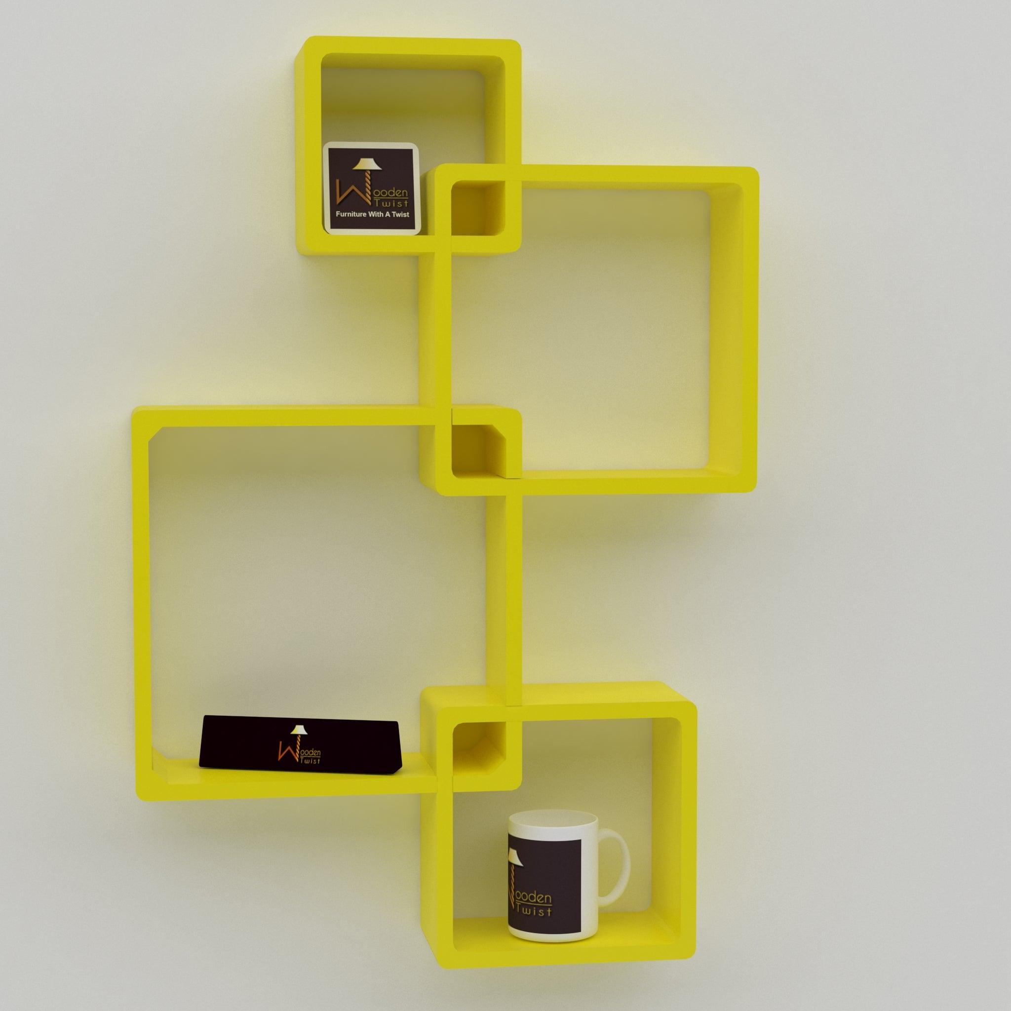 Rafuf Intersecting Floating Wall Shelves in Yellow, angled view
