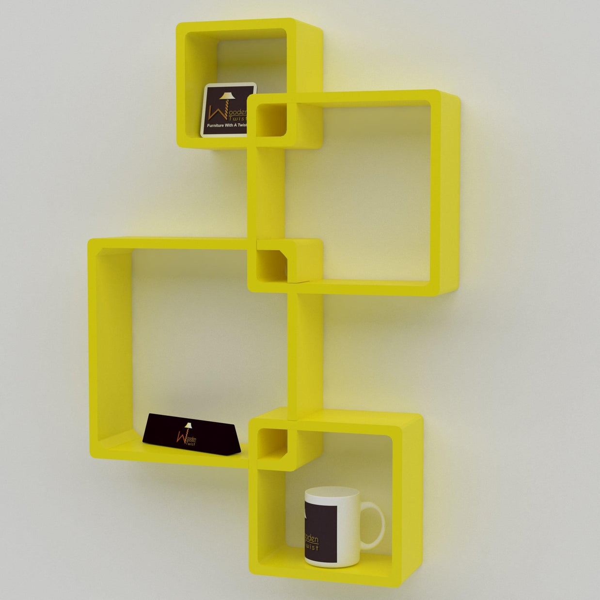 Rafuf Intersecting Floating Wall Shelves in Yellow holding decor