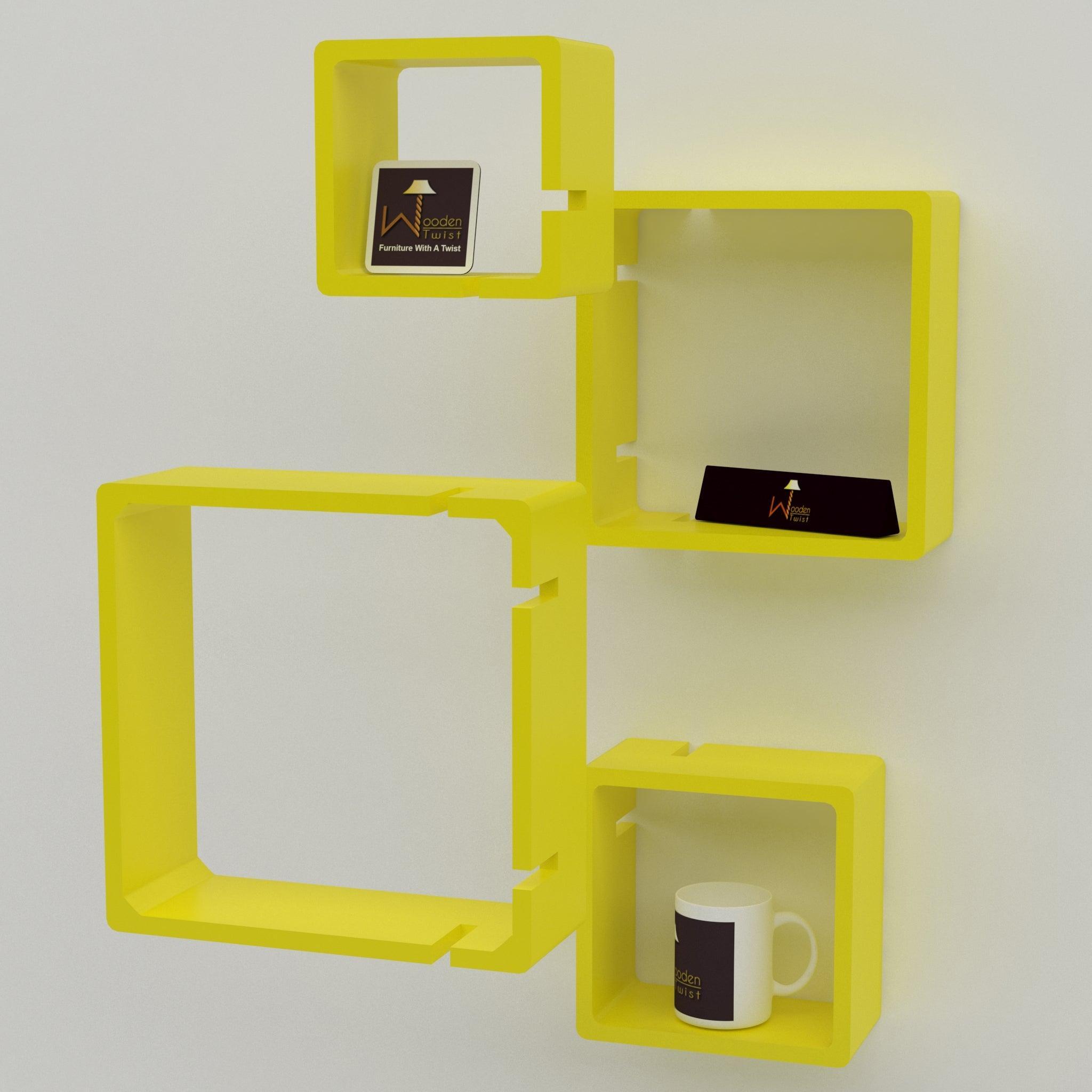 Rafuf Intersecting Floating Wall Shelves in Yellow, close up detail