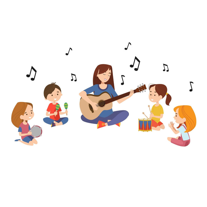 Girl Playing Guitar With Kids Wall Sticker for Living Room - WoodenTwist